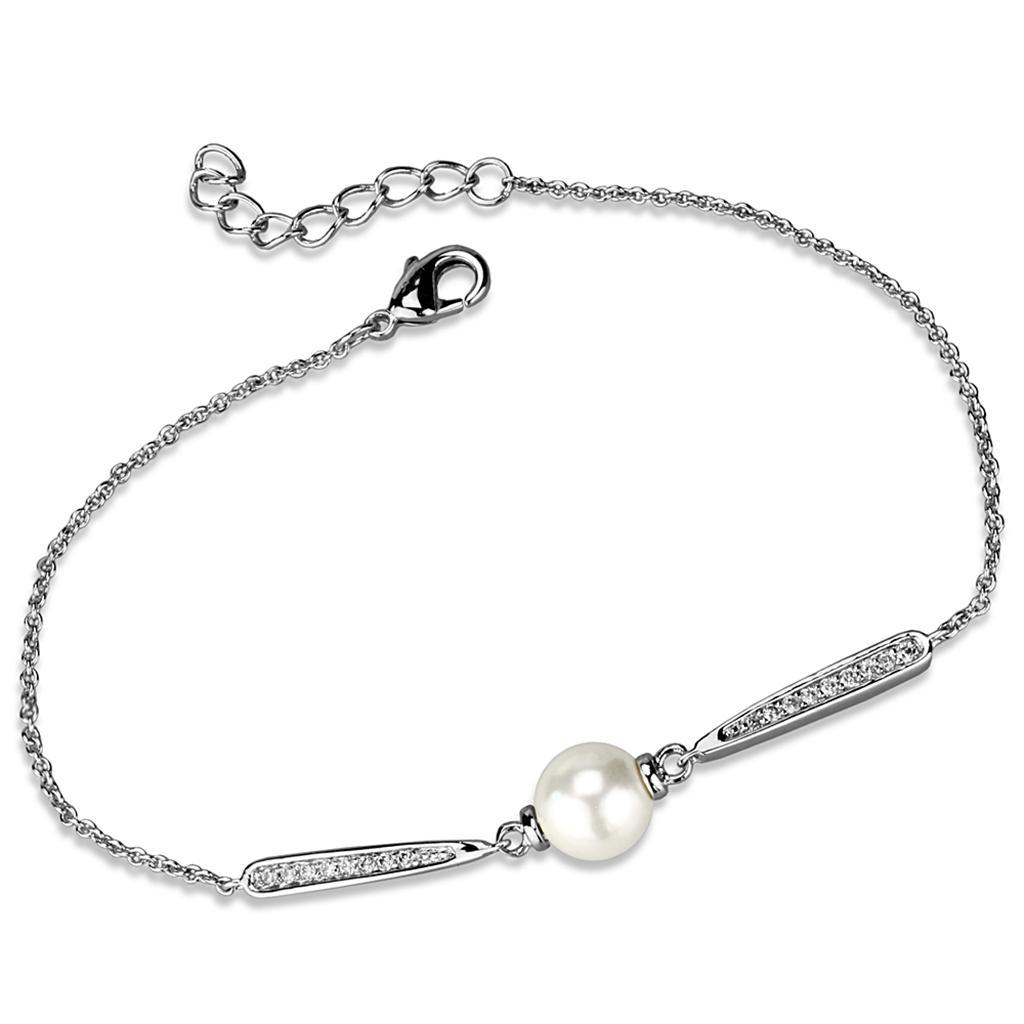 JCE1041 Rhodium Brass Bracelet with Synthetic Pearl in White