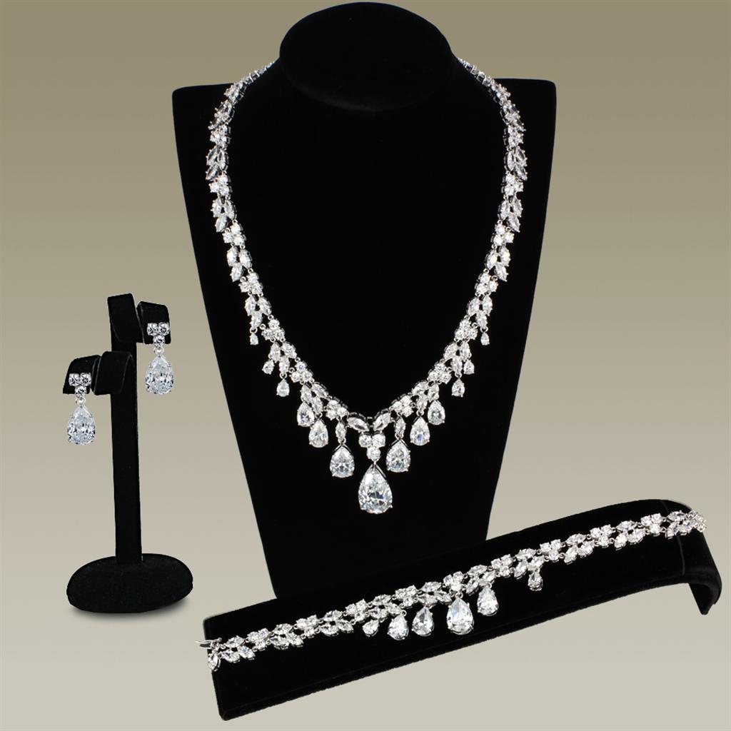 JCE925 Rhodium Brass Jewelry Sets with AAA Grade CZ  in Clear