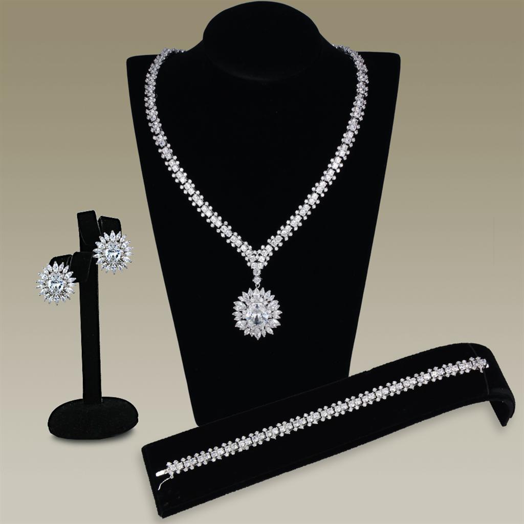 JCE927 Rhodium Brass Jewelry Sets with AAA Grade CZ  in Clear