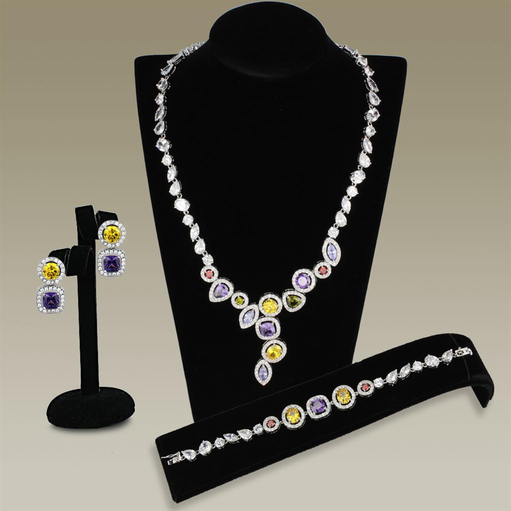 JCE930 Rhodium Brass Jewelry Sets with AAA Grade CZ  in Multi Color