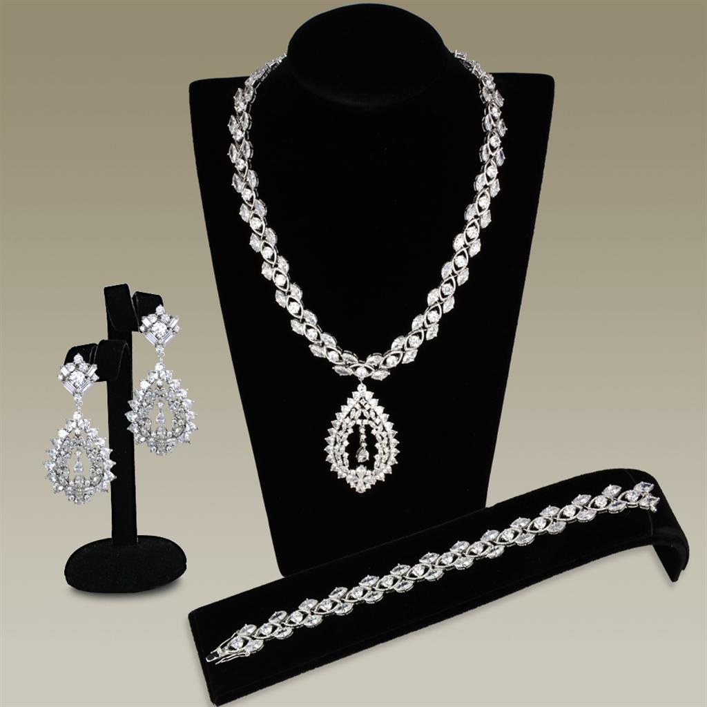 JCE933 Rhodium Brass Jewelry Sets with AAA Grade CZ  in Clear