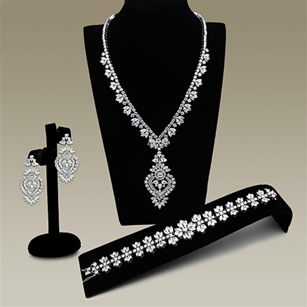 JCE1447 Rhodium Brass Jewelry Sets with AAA Grade CZ  in Clear