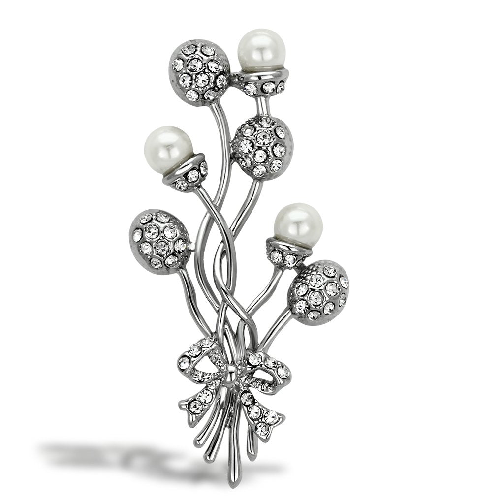 JCE2835 Imitation Rhodium White Metal Brooches with Synthetic Pearl in White