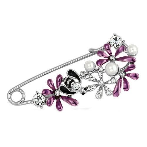 JCE2878 Imitation Rhodium White Metal Brooches with Synthetic Pearl in White