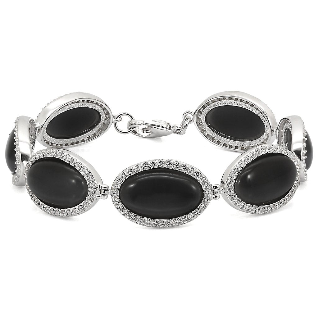 JCES330 Rhodium 925 Sterling Silver Bracelet with Synthetic Cat Eye in Jet