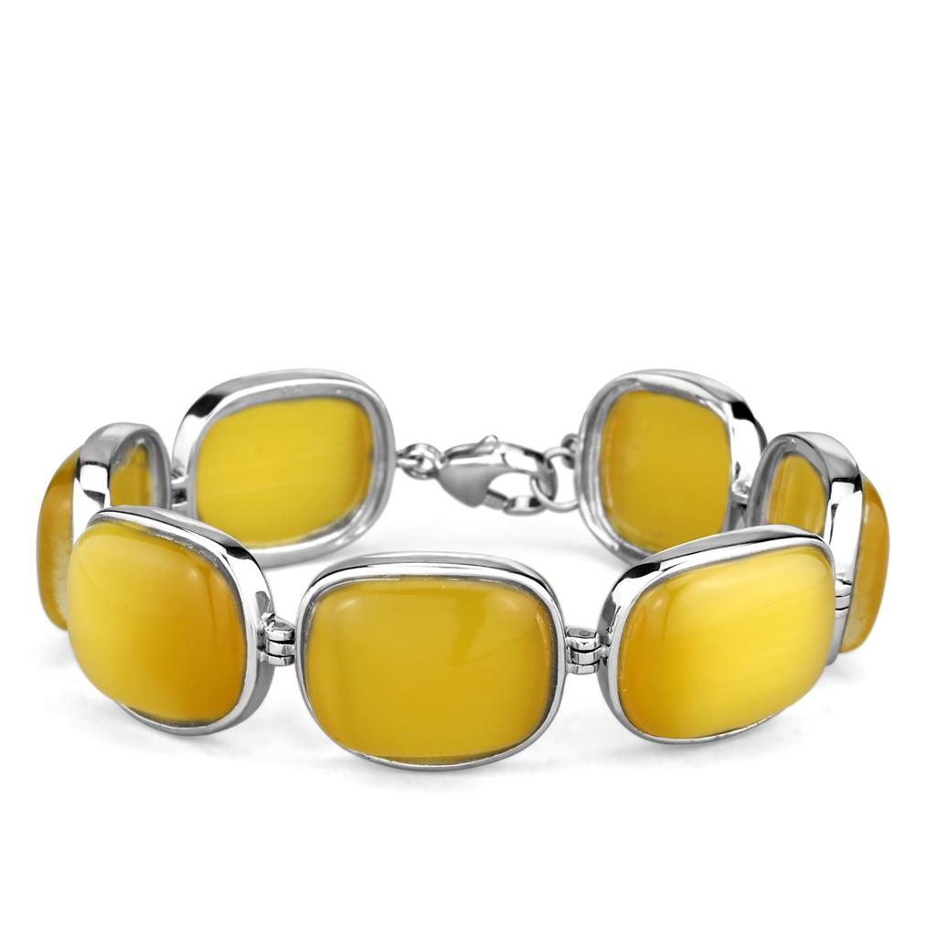 JCES763 Rhodium 925 Sterling Silver Bracelet with Synthetic Cat Eye in Topaz