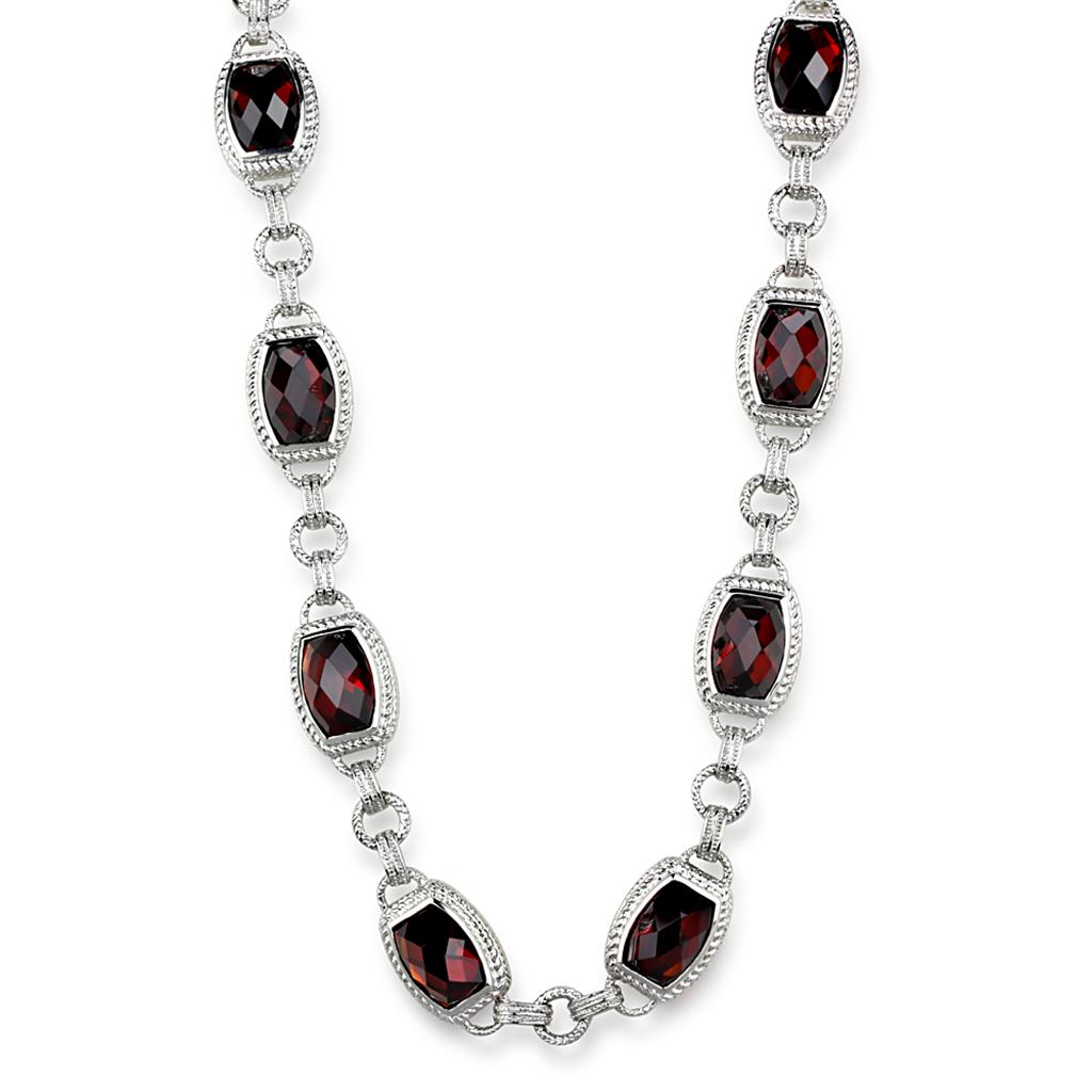 JCES877 Rhodium 925 Sterling Silver Necklace with AAA Grade CZ  in Garnet