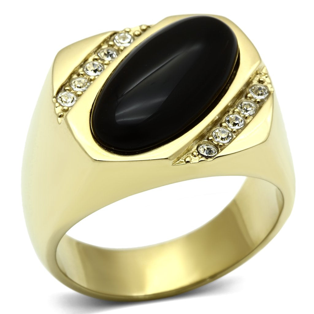 JCE716 IP Gold(Ion Plating) Stainless Steel Ring with Semi-Precious Onyx in Jet