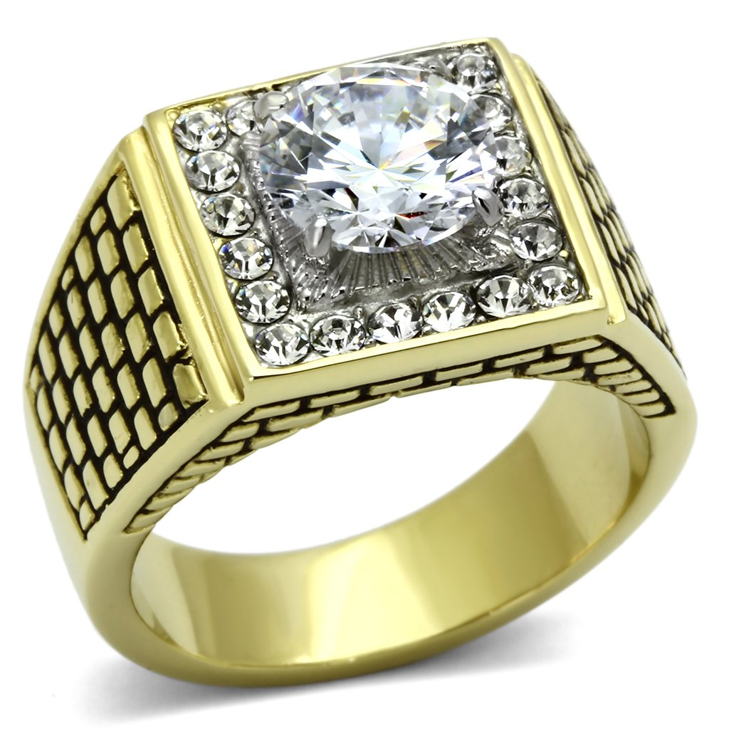 JCE735 Two-Tone IP Gold (Ion Plating) Stainless Steel Ring with AAA Grade CZ  in Clear