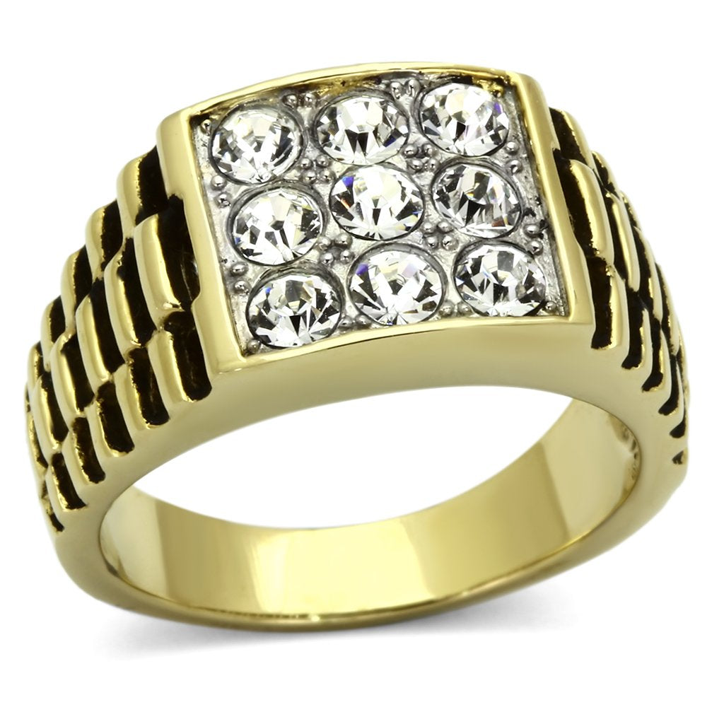 JCE796 Two-Tone IP Gold (Ion Plating) Stainless Steel Ring with Top Grade Crystal  in Clear