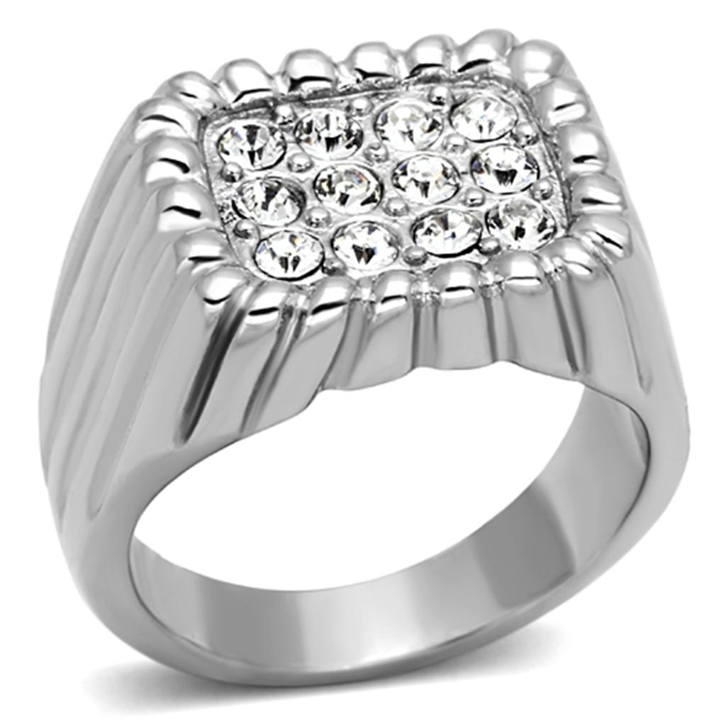 JCE940 High polished (no plating) Stainless Steel Ring with Top Grade Crystal  in Clear