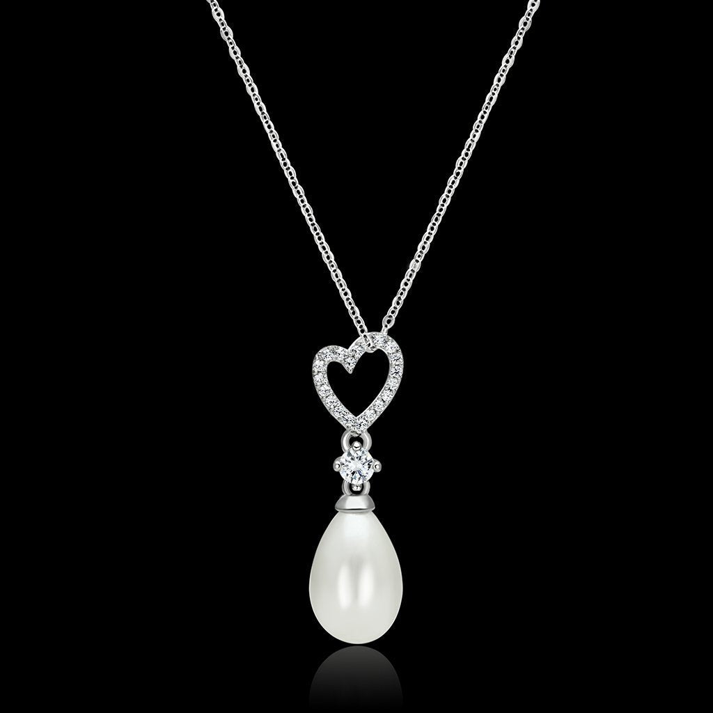 JCE127 Rhodium 925 Sterling Silver Necklace with Synthetic Pearl in White