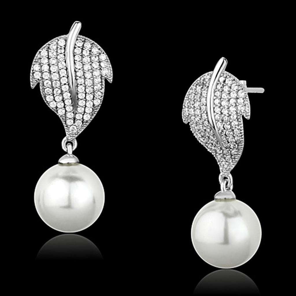 JCE166 Rhodium 925 Sterling Silver Earrings with Synthetic Pearl in White
