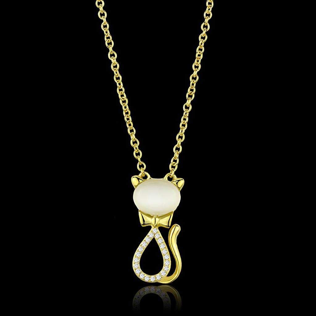 JCE409 Gold 925 Sterling Silver Chain Pendant with Synthetic Cat Eye in White