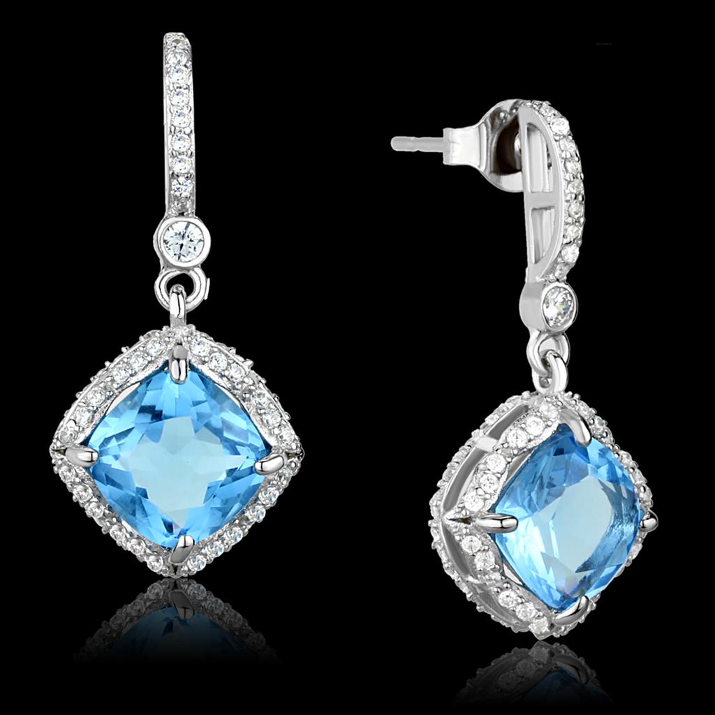 JCE438 Rhodium 925 Sterling Silver Earrings with Synthetic Synthetic Glass in Sea Blue